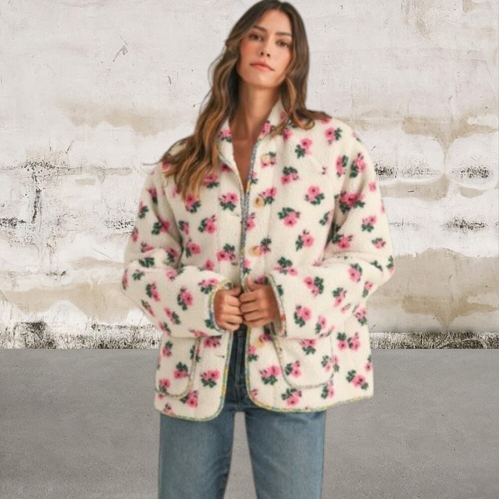 Fashion Clothing Womens Floral Sherpa Fleece Button Up Jacket Small NWT